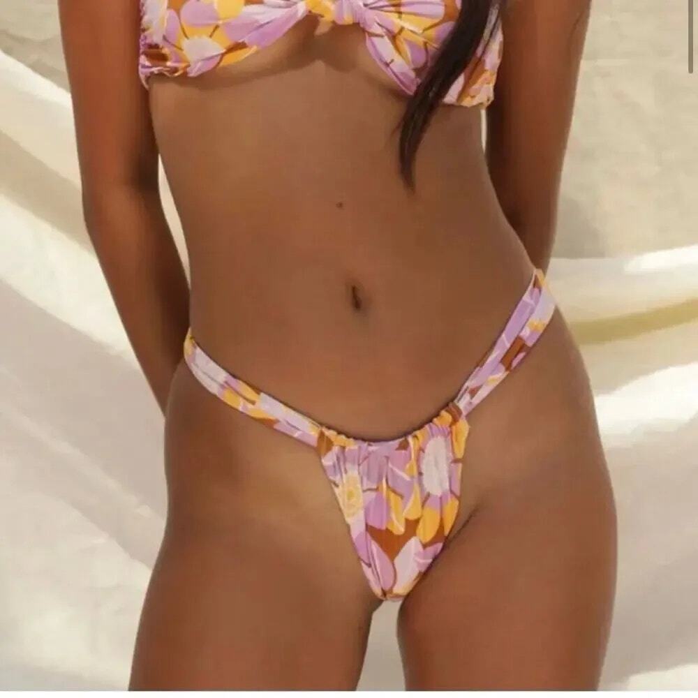 NWT Stone Fox Swim Bijou Retro Pop Floral Tropical Bikini Bottom L Orange Brown